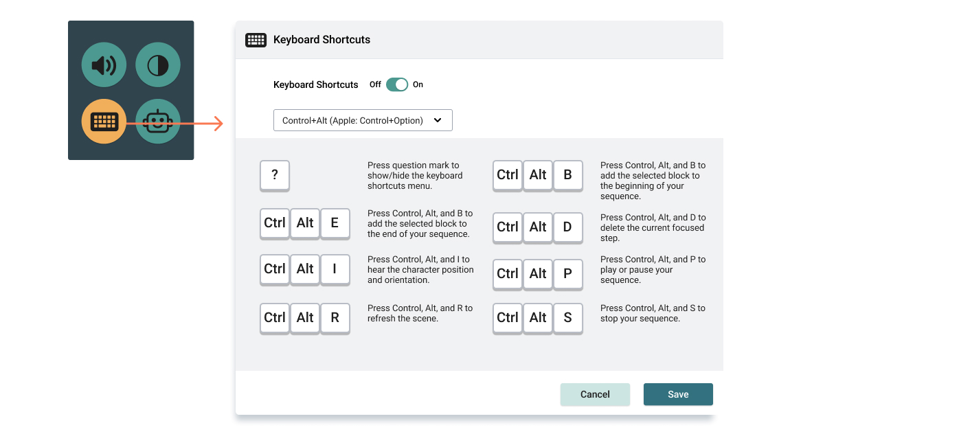 Weavly keyboard shortcut menu This image shows an expanded keyboard shortcut menu in the Weavly coding environment.