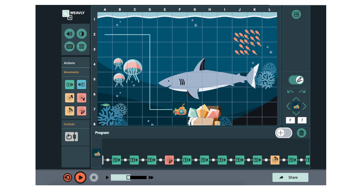 Hunting the sunken treasure chest Moving the character on the Deep Ocean background to reach the treasure chest.
