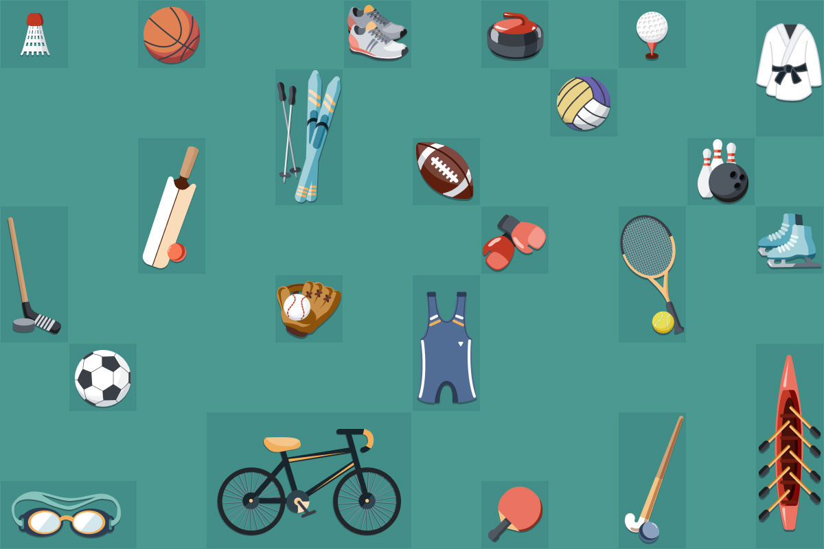 Sports An illustration of a green field with several sport items on it.